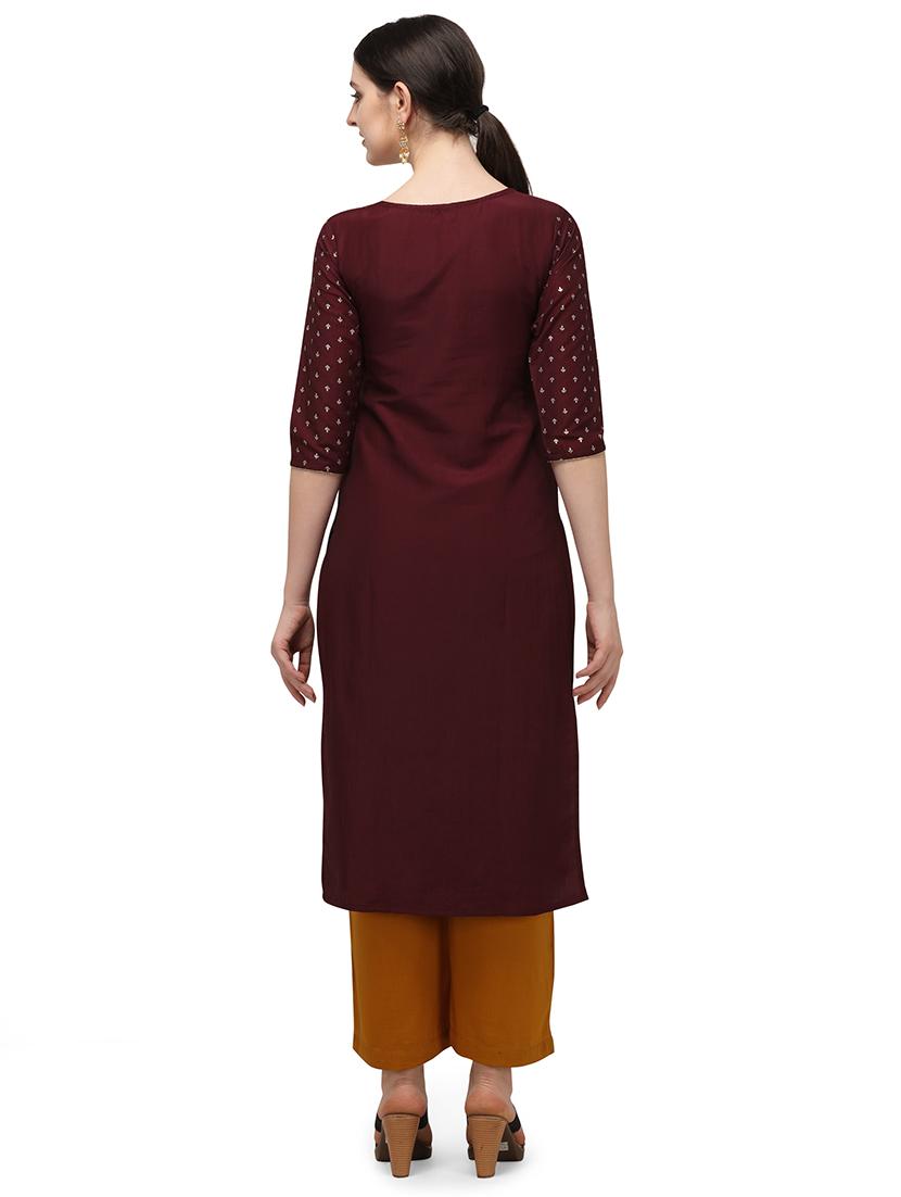 maroon silk blend straight kurta - 17777156 - Zoom Image - 3