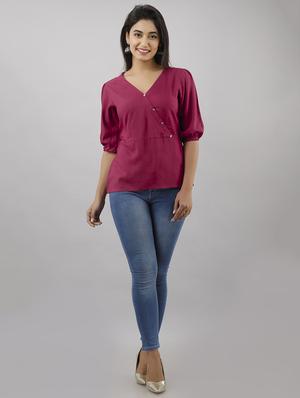 overlap neck puff sleeved top - 17777913 - Standard Image - 4