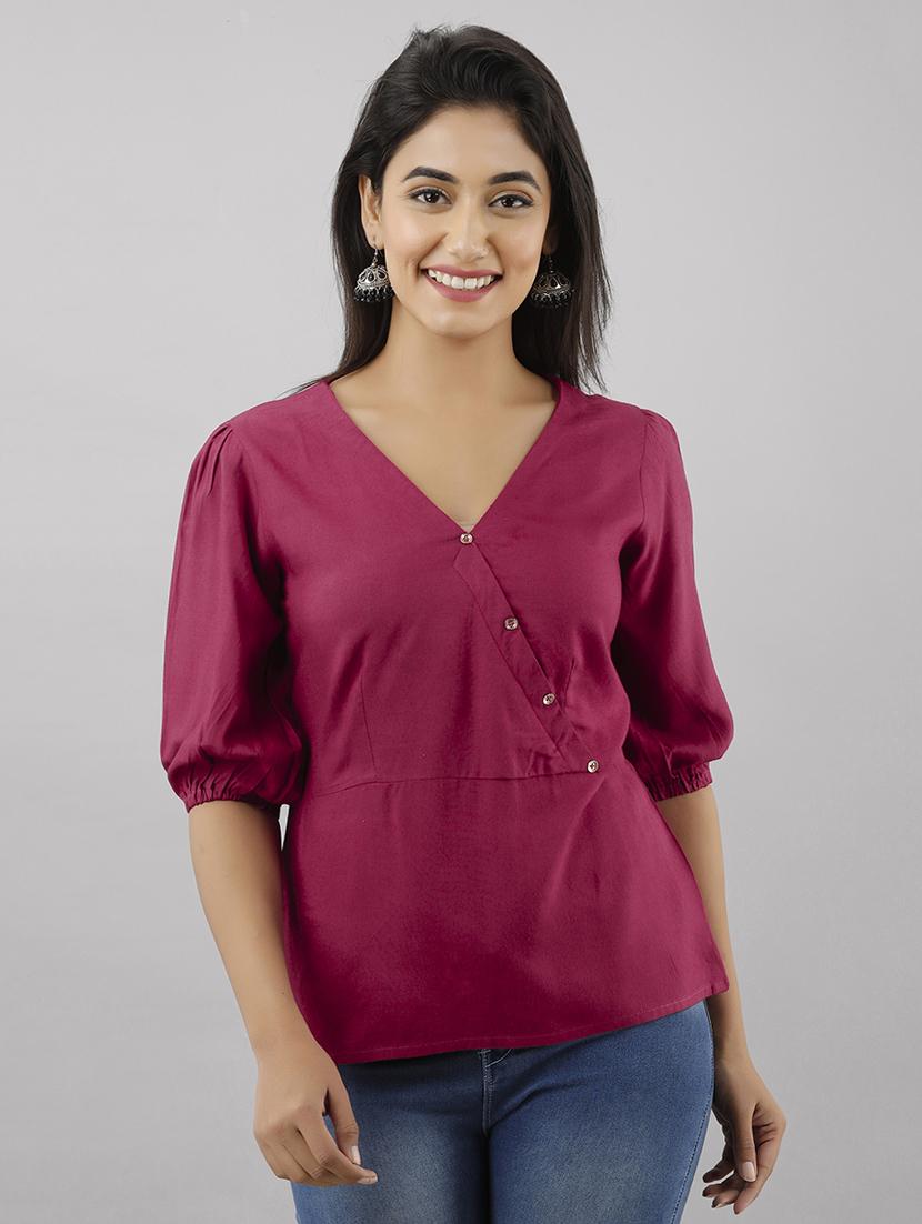 overlap neck puff sleeved top - 17777913 - Zoom Image - 1