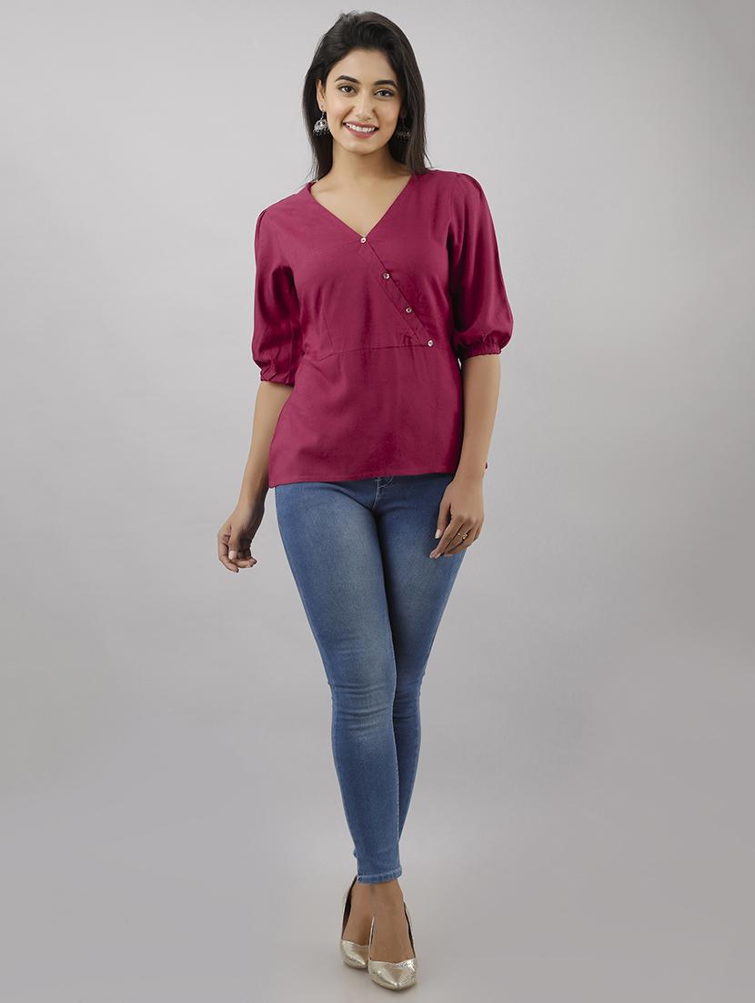 overlap neck puff sleeved top - 17777913 - Zoom Image - 4