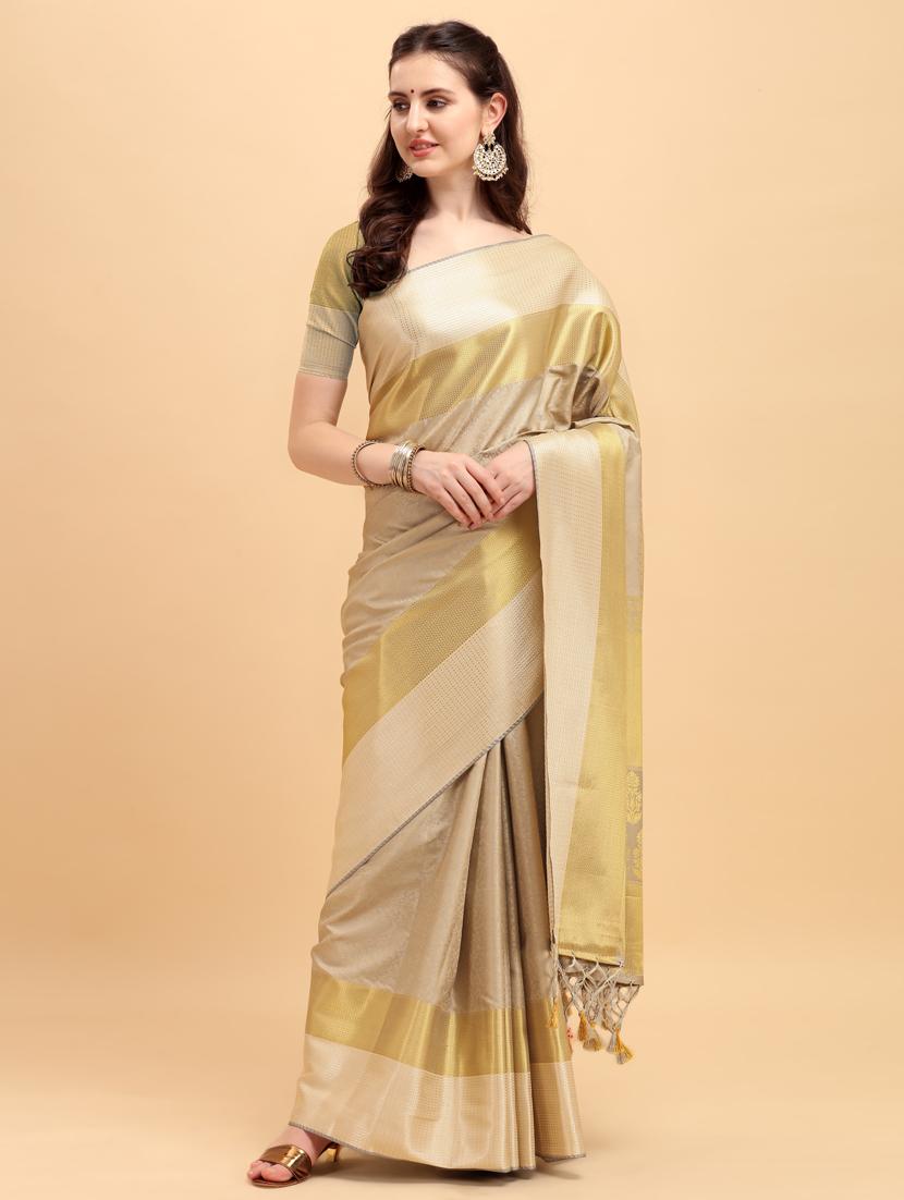 beige silk kanjivaram saree with blouse - 17778174 - Zoom Image - 1