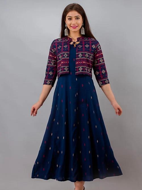 blue rayon anarkali kurta with jacket - 17781561 - Standard Image - 1