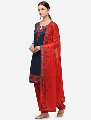 blue cotton blend patiyala suits unstitched suit - 17785515 - Standard Image - 2
