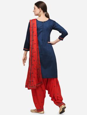 blue cotton blend patiyala suits unstitched suit - 17785515 - Standard Image - 3