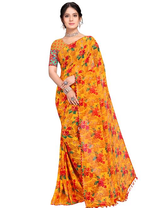mustard chiffon printed saree with blouse - 17785705 - Standard Image - 1