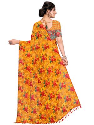 mustard chiffon printed saree with blouse - 17785705 - Standard Image - 2