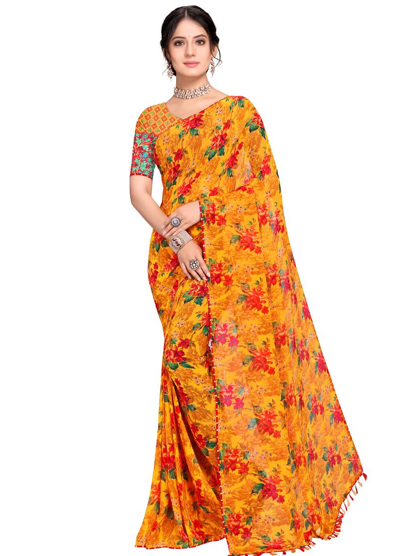 mustard chiffon printed saree with blouse - 17785705 - Zoom Image - 1