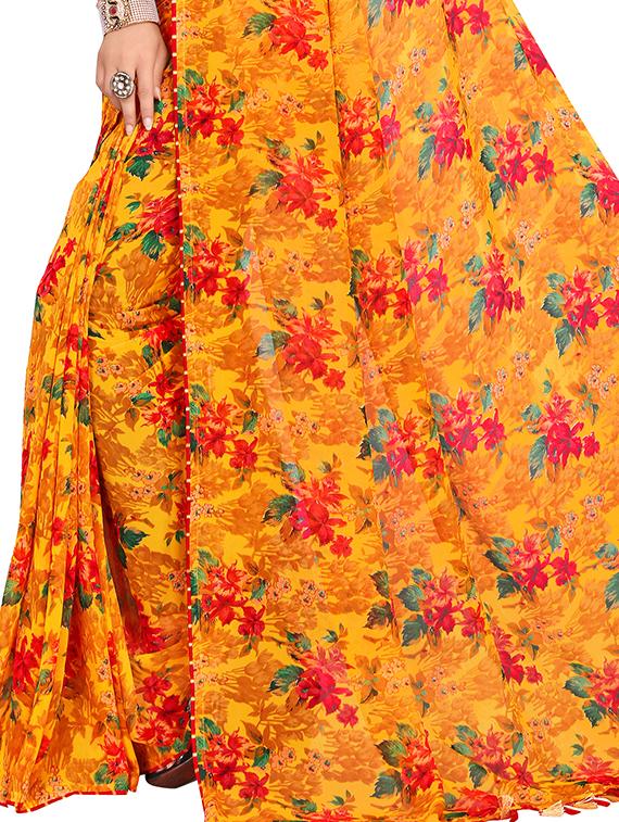 mustard chiffon printed saree with blouse - 17785705 - Zoom Image - 3