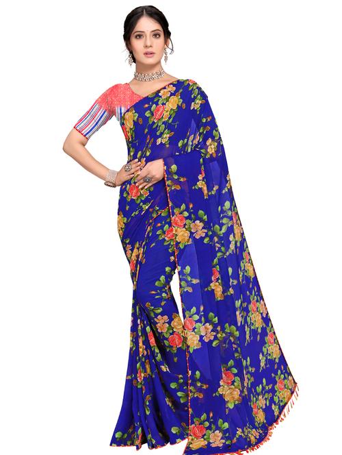 navy chiffon printed saree with blouse - 17785708 - Very Small Image - 1