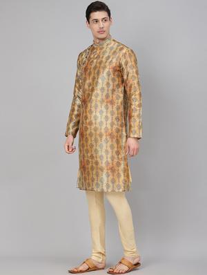 yellow printed silk blend kurta pyjama set - 17790451 - Standard Image - 2