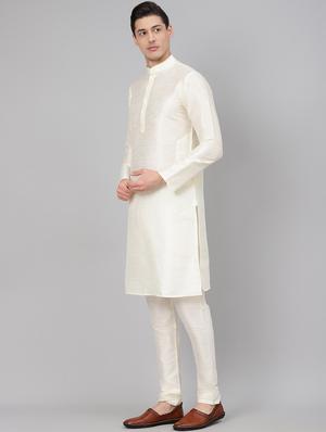 off white solid kurta pyjama set with olive printed nehru jacket - 17790469 - Standard Image - 2