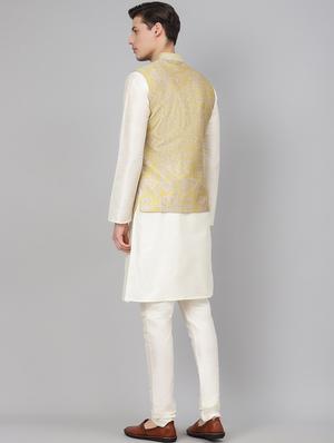 off white solid kurta pyjama set with olive printed nehru jacket - 17790469 - Standard Image - 3