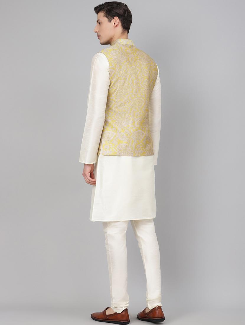 off white solid kurta pyjama set with olive printed nehru jacket - 17790469 - Zoom Image - 3