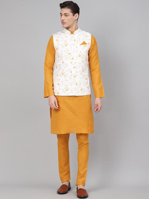 mustard solid kurta pyjama set with white printed nehru jacket - 17790480 - Very Small Image - 1