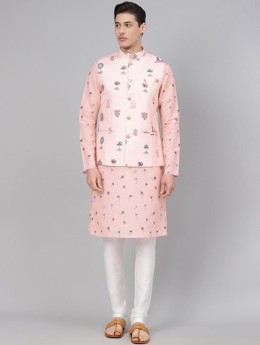 pink printed kurta pyjama set with printed nehru jacket - 17790485 - Zoom Image - 1