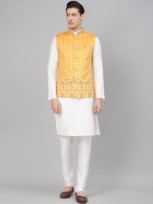 off white solid kurta pyjama set with yellow printed nehru jacket - 17790488 - Very Small Image - 1