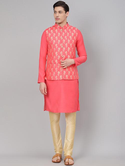 pink solid kurta pyjama set with jacquard nehru jacket - 17790491 - Very Small Image - 1