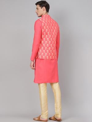 pink solid kurta pyjama set with jacquard nehru jacket - 17790491 - Standard Image - 3