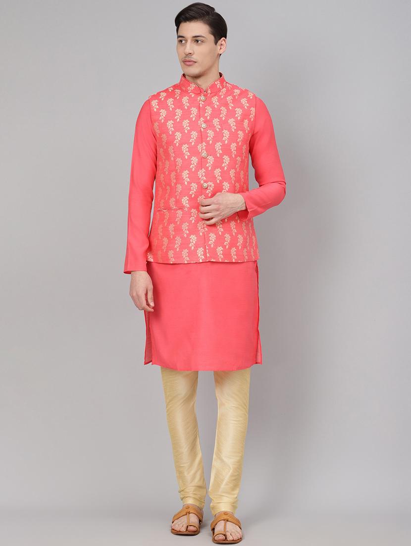 pink solid kurta pyjama set with jacquard nehru jacket - 17790491 - Zoom Image - 1