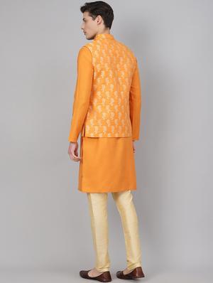 orange solid kurta pyjama set with jacquard nehru jacket - 17790494 - Standard Image - 3