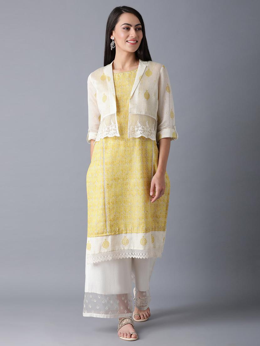printed straight kurta with jacket - 17791126 - Zoom Image - 1