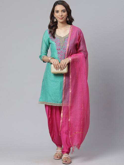 green chanderi cotton salwar suit unstitched - 17792675 - Very Small Image - 1