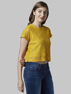 round neck self design crop tee - 17793128 - Standard Image - 2