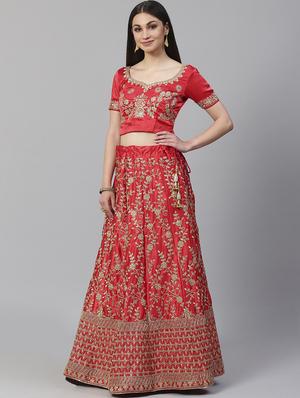 red satin aline lehenga - 17795547 - Standard Image - 2