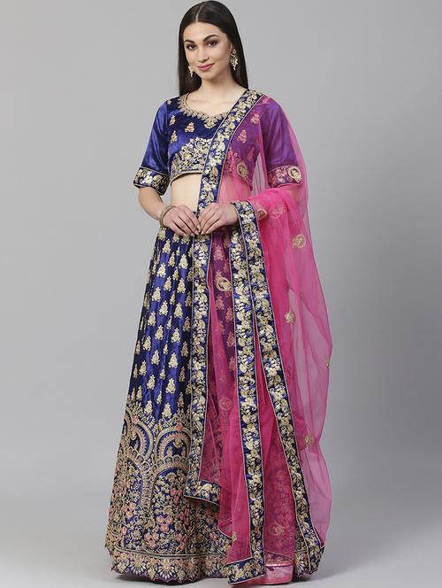 blue satin aline lehenga - 17795559 - Standard Image - 1