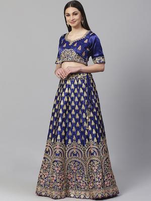 blue satin aline lehenga - 17795559 - Standard Image - 2