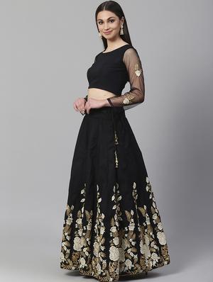 black poly georgette aline lehenga - 17795630 - Standard Image - 2