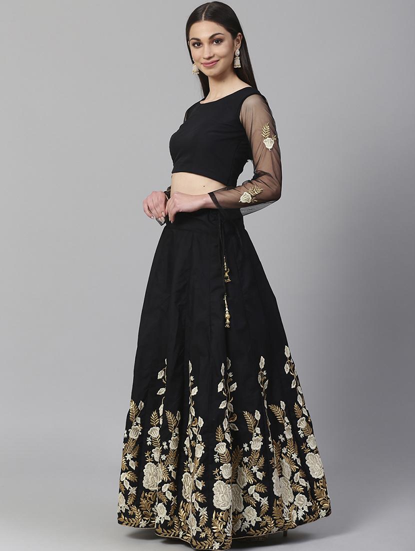 black poly georgette aline lehenga - 17795630 - Zoom Image - 2