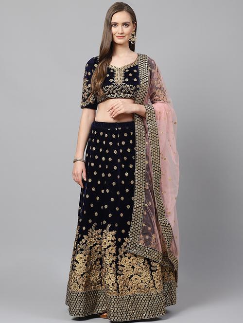 blue velvet aline lehenga - 17795701 - Standard Image - 1