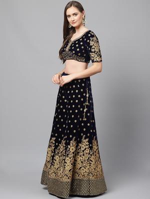 blue velvet aline lehenga - 17795701 - Standard Image - 2