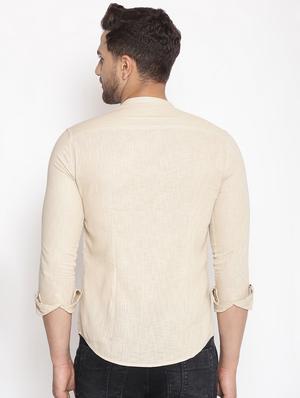 beige solid linen casual shirt - 17795985 - Standard Image - 3