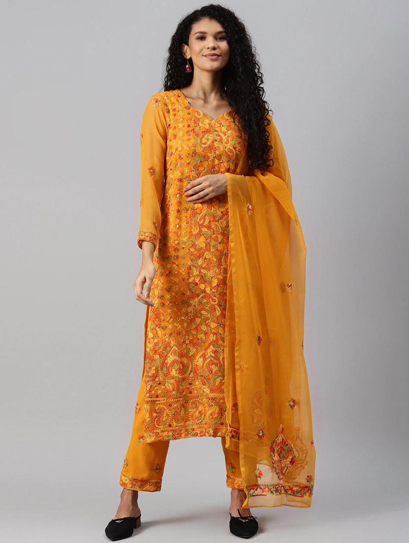 ada hand-embroidered mustard unstitched suit