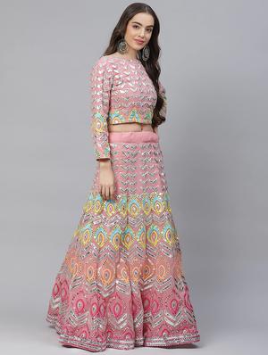 pink georgette aline lehenga - 17805970 - Standard Image - 2