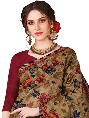 beige cotton printed saree with blouse - 17808434 - Standard Image - 2