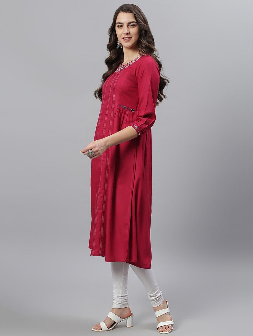 maroon rayon aline kurta - 17810228 - Zoom Image - 2