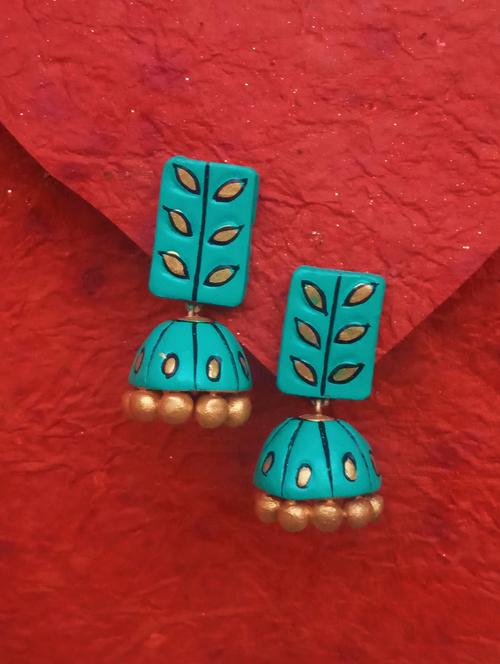 green handmade terracotta jhumka earring - 17811313 - Very Small Image - 1