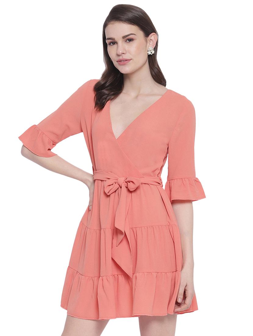 tie front solid wrap dress - 17813801 - Zoom Image - 2