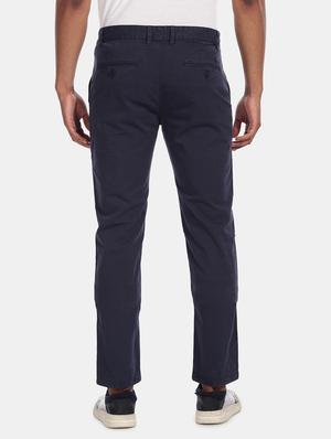 navy blue solid flat front casual trouser - 17815671 - Standard Image - 3