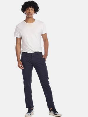 navy blue solid flat front casual trouser - 17815671 - Standard Image - 4