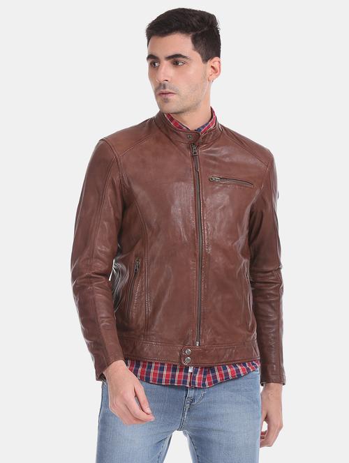brown solid leather biker jacket - 17815986 - Standard Image - 1