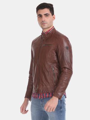 brown solid leather biker jacket - 17815986 - Standard Image - 2