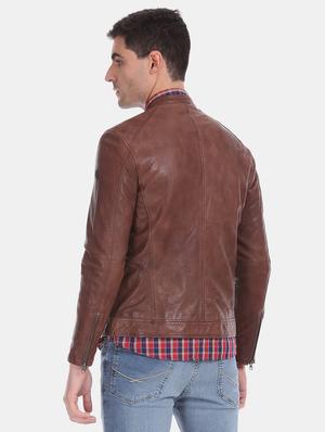 brown solid leather biker jacket - 17815986 - Standard Image - 3