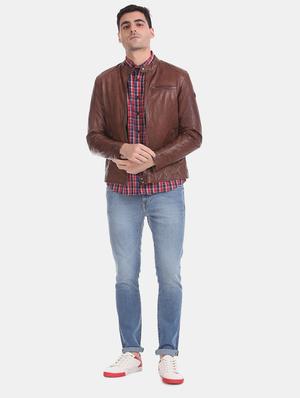 brown solid leather biker jacket - 17815986 - Standard Image - 4