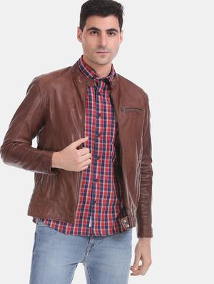 brown solid leather biker jacket - 17815986 - Standard Image - 5