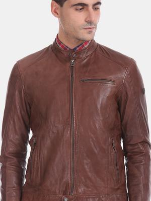 brown solid leather biker jacket - 17815986 - Standard Image - 6