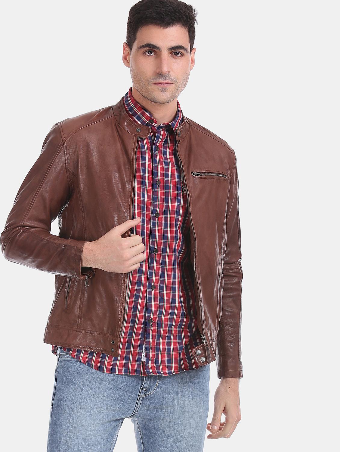 brown solid leather biker jacket - 17815986 - Zoom Image - 5